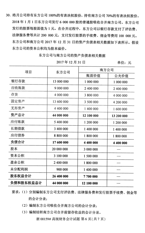 甘肃自考高等财务会计真题